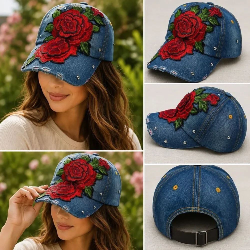 Floral Rose Embroidered Denim Baseball Cap Adjustable Rhinestone Accent Hat